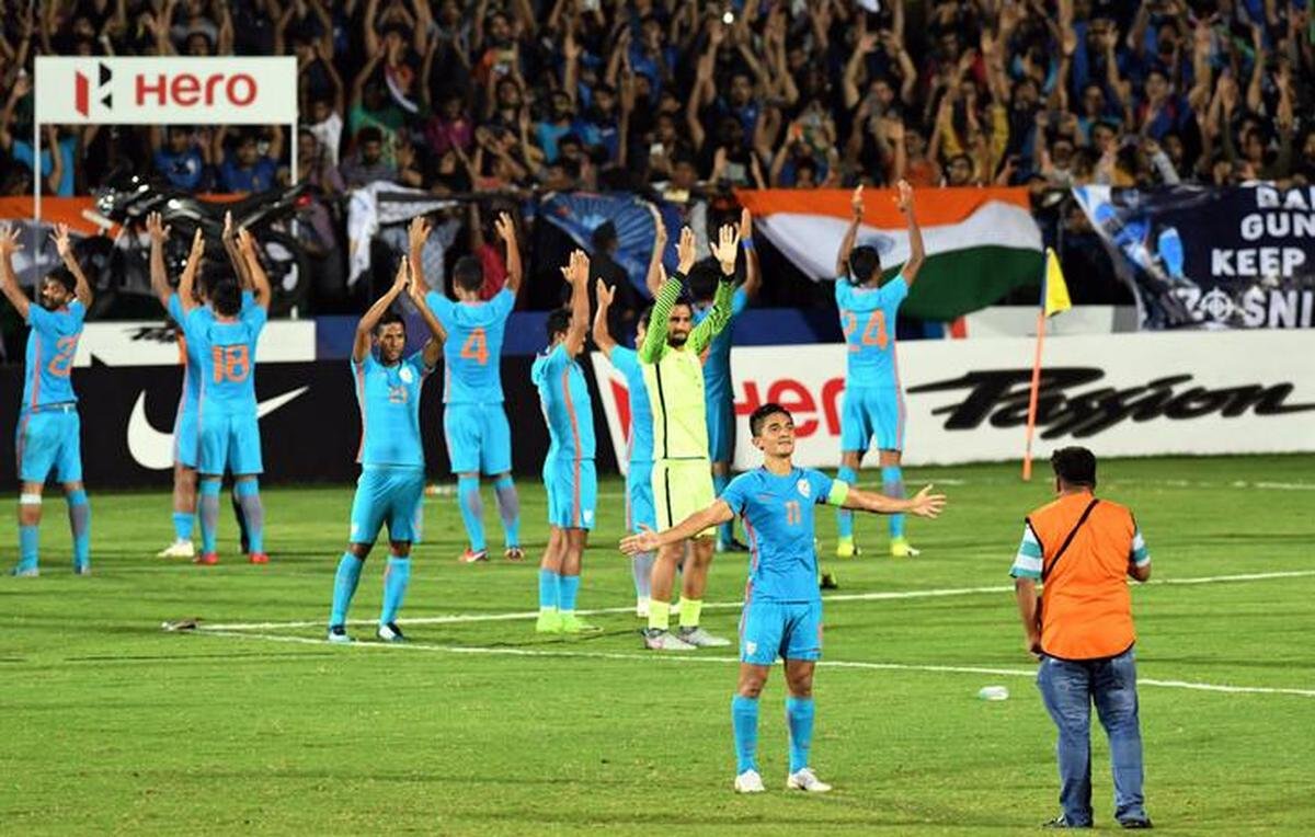 Chhetri celebrates after beating Kenya 3-0 in the Intercontinental Cup in 2018. 